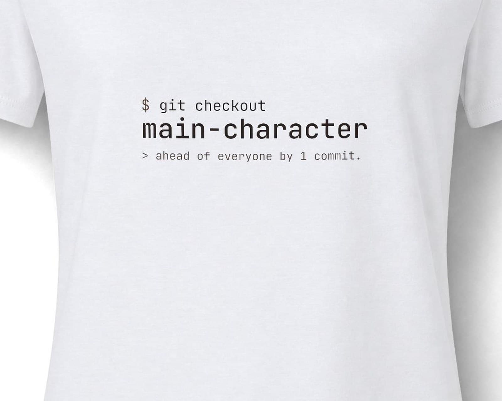Close up of the chest print on the git checkout main-character tee