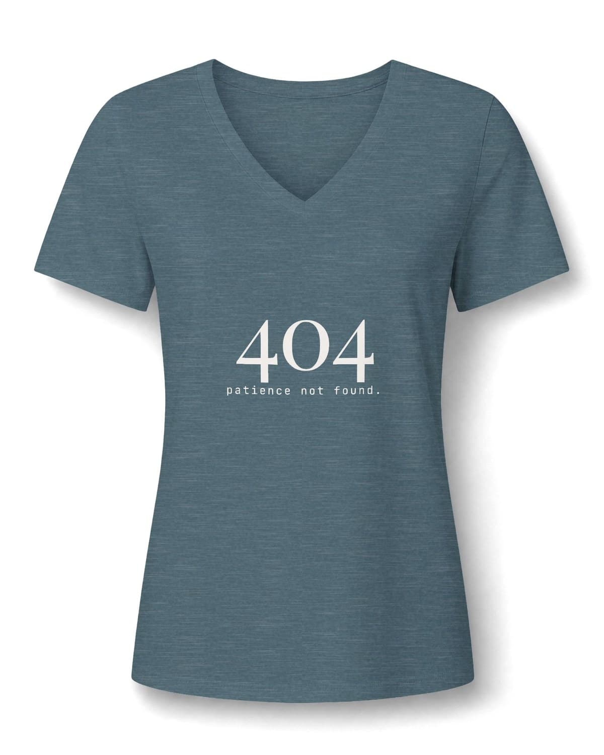 Heather Slate V-neck tee printed in ivory with a large 404 and patience not found.