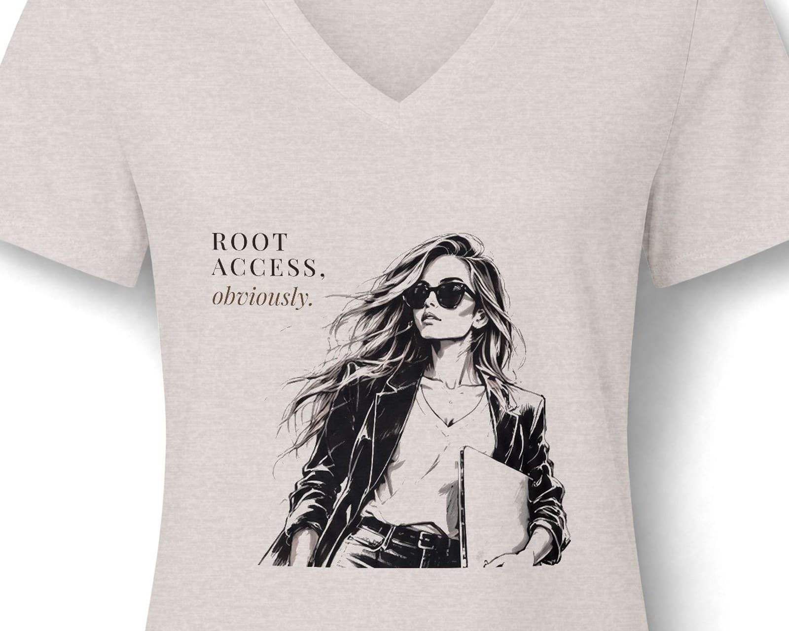 Close up of the chest print on the Root access, obviously, with her tee