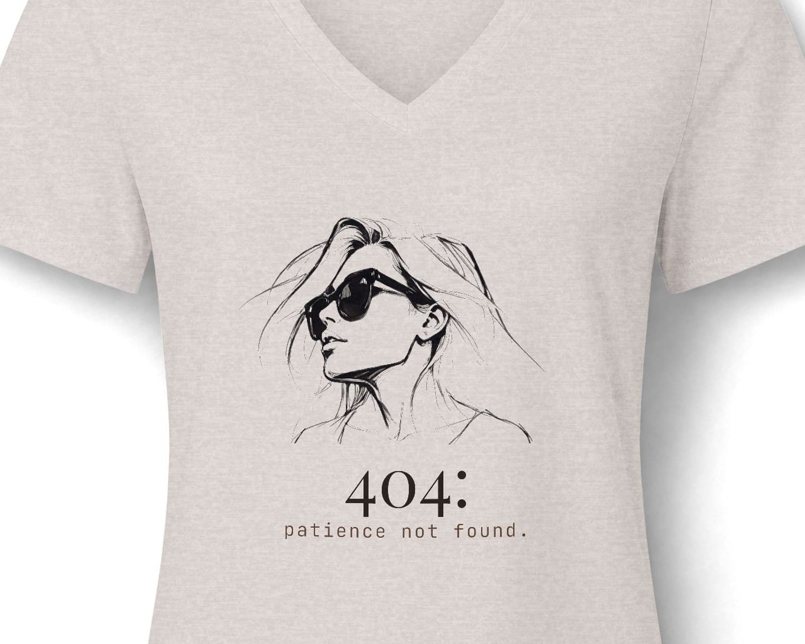 Close up of the chest print on the 404 patience not found, with her tee
