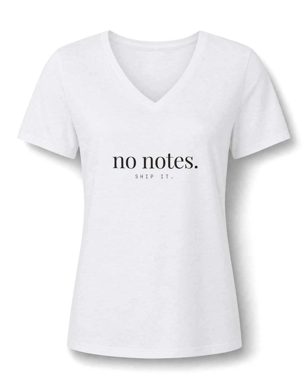 Solid White Blend V-neck tee printed in espresso with no notes. and SHIP IT. in brown
